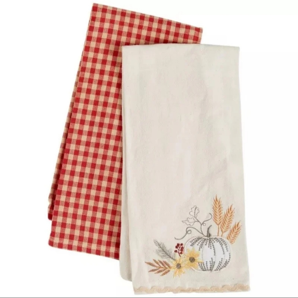 Maple Lane Pumpkin Harvest Embroidered Gingham Kitchen Towel Set BNWT RETIRED